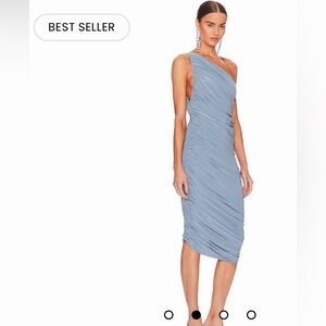 Norma Kamali One-Shoulder Ruched Midi Dress in Dusty Blue Slate